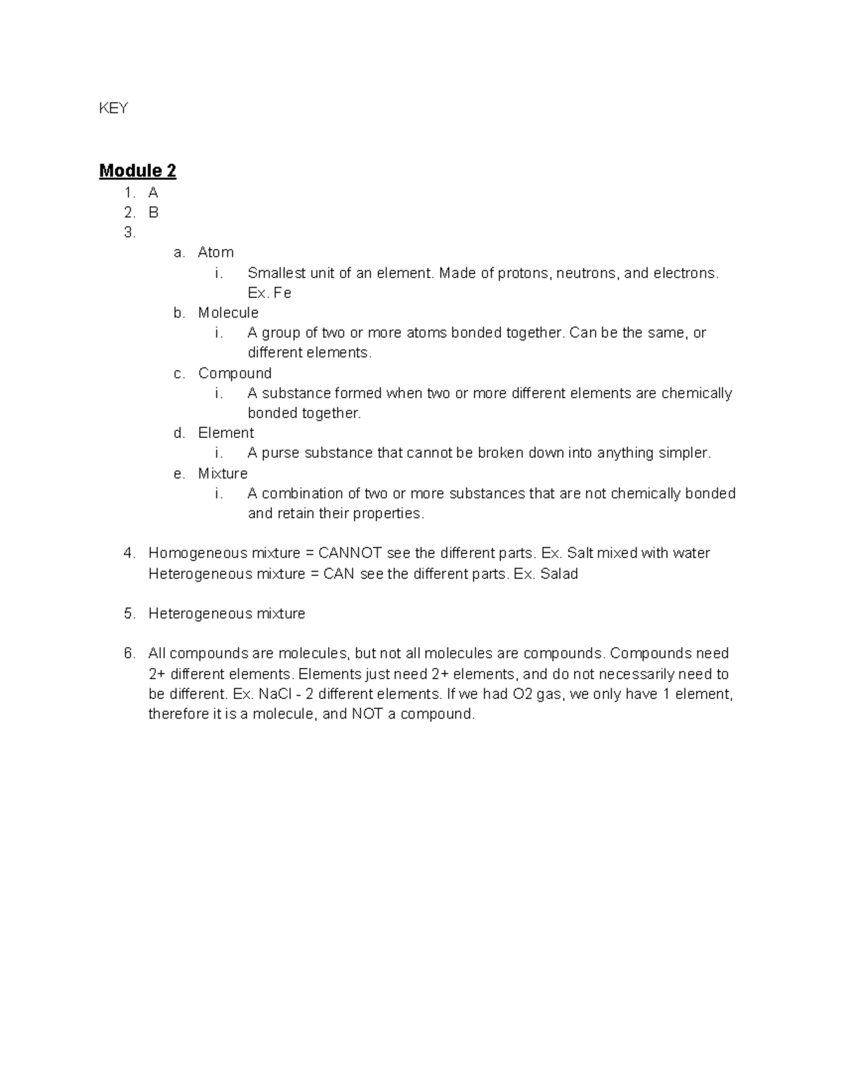 Chem 1210 Exam 1 review KEY - KEY Module 2 1. A 2. B 3. a. Atom i ...