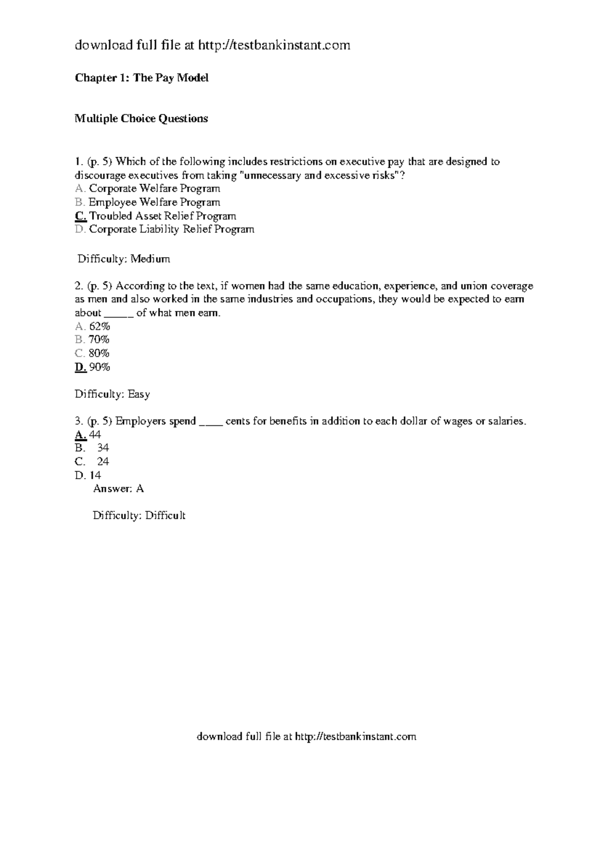 Compensationtest bank Ch 1 Chapter 1 The Pay Model Multiple Choice