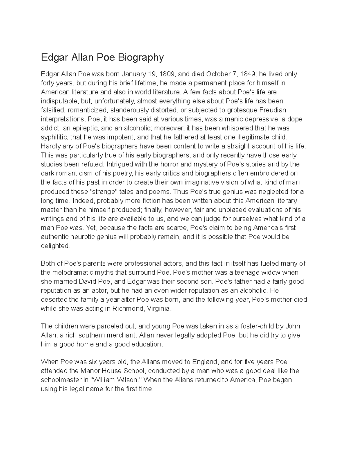 biography essay on edgar allan poe