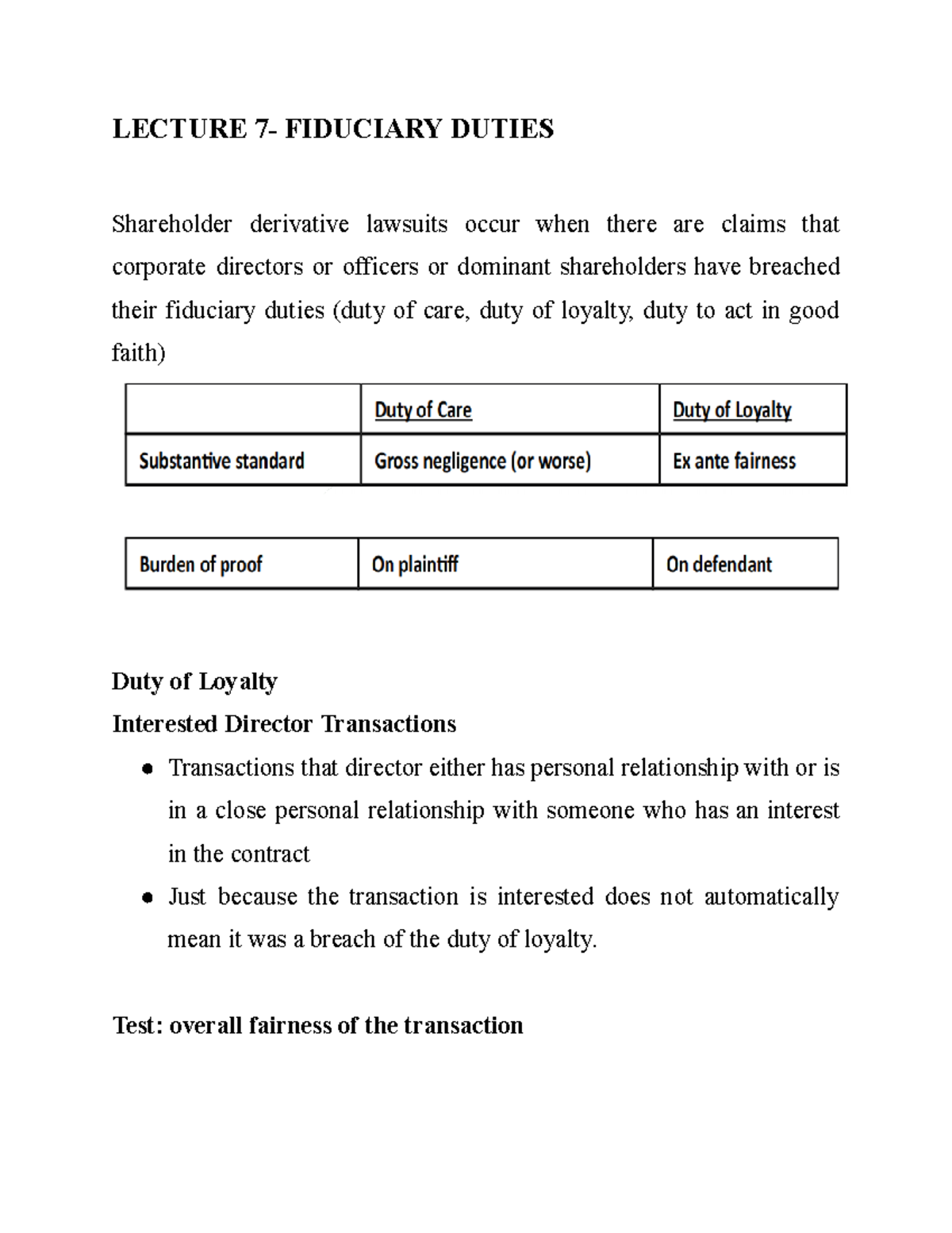 C0-7 - Lecture notes 7 - LECTURE 7- FIDUCIARY DUTIES Shareholder 