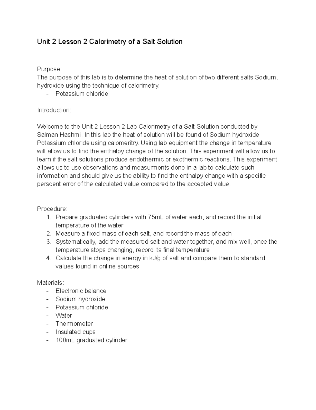 Unit 2 Lesson 2 Calorimetry of salt LAB Unit 2 Lesson 2 Calorimetry