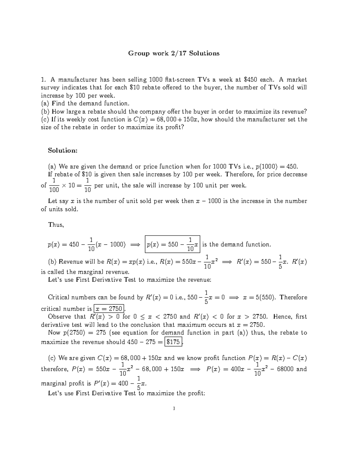 practice material calculus for management - Group work 2/17 Solutions A ...