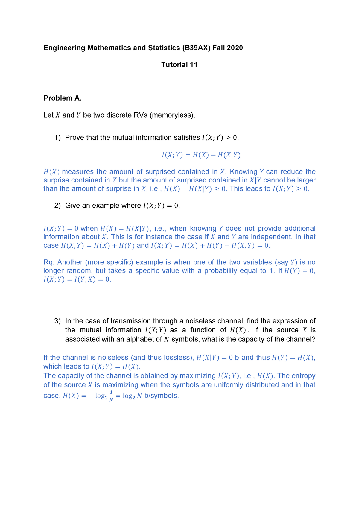 Engineering Mathematics And Statistics (B39AX) Fall 2020 Tutorial 11 ...