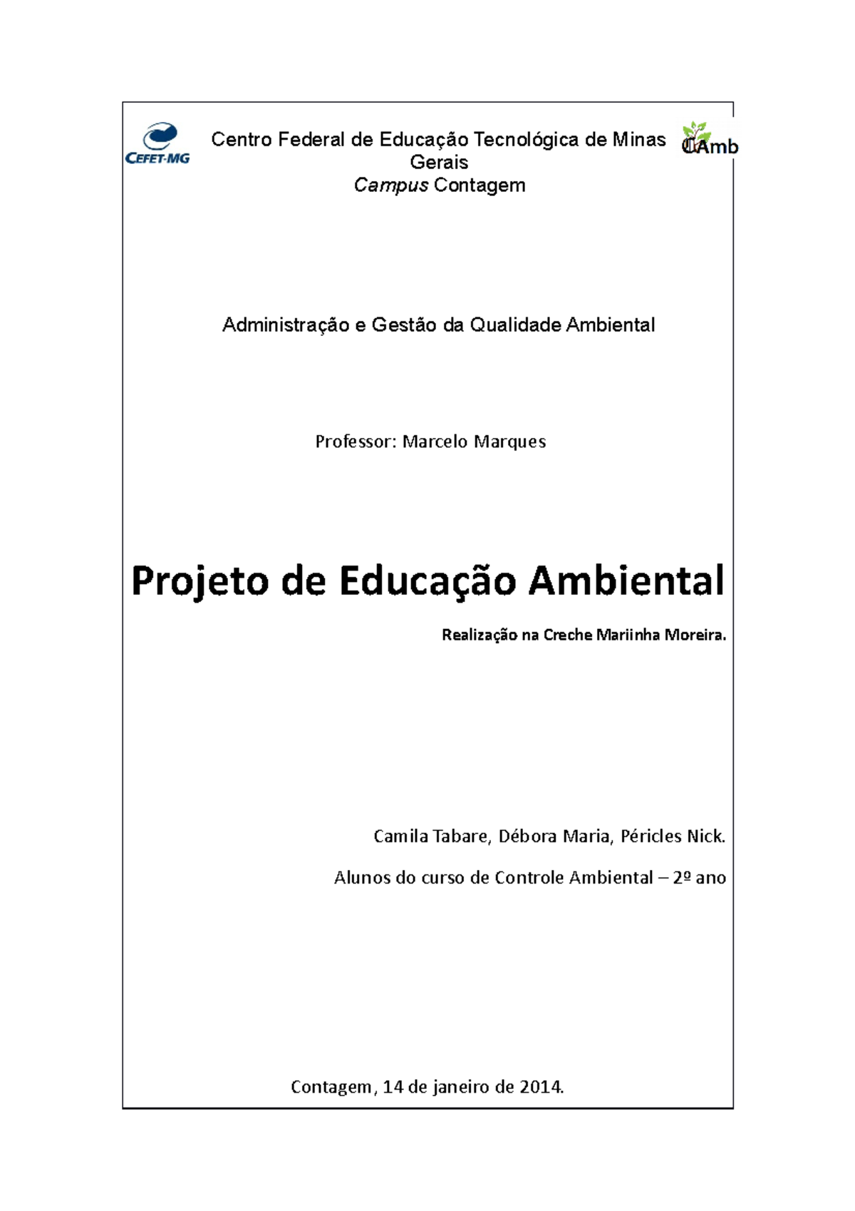 Projeto de Educação Ambiental - Centro Federal de Educação Tecnológica ...