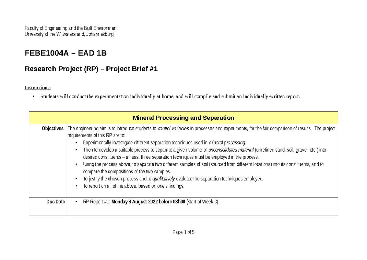 Project Brief #1 - this serves as a template for mineral processing and ...
