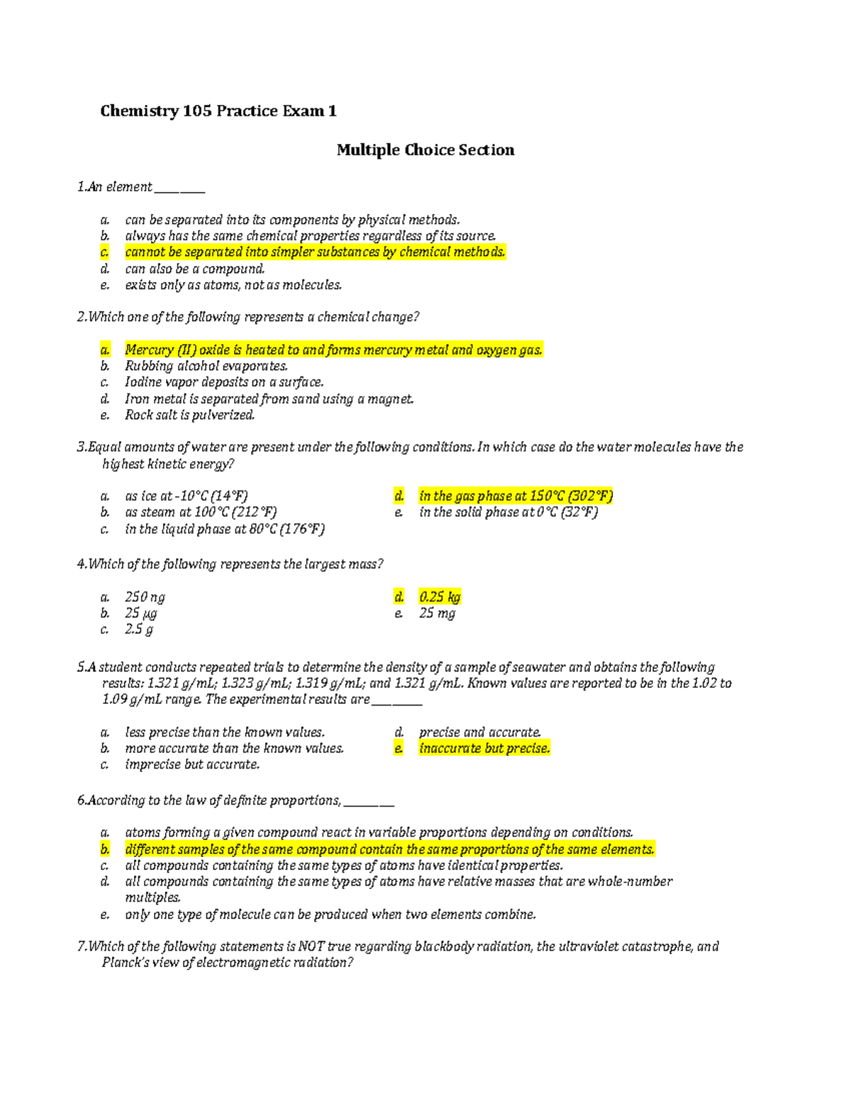 Exam 1 Practice KEY Study Guide Chemistry 105 Practice Exam 1 Exam 1 Practice KEY Study Guide Chemistry 105 Practice Exam 1