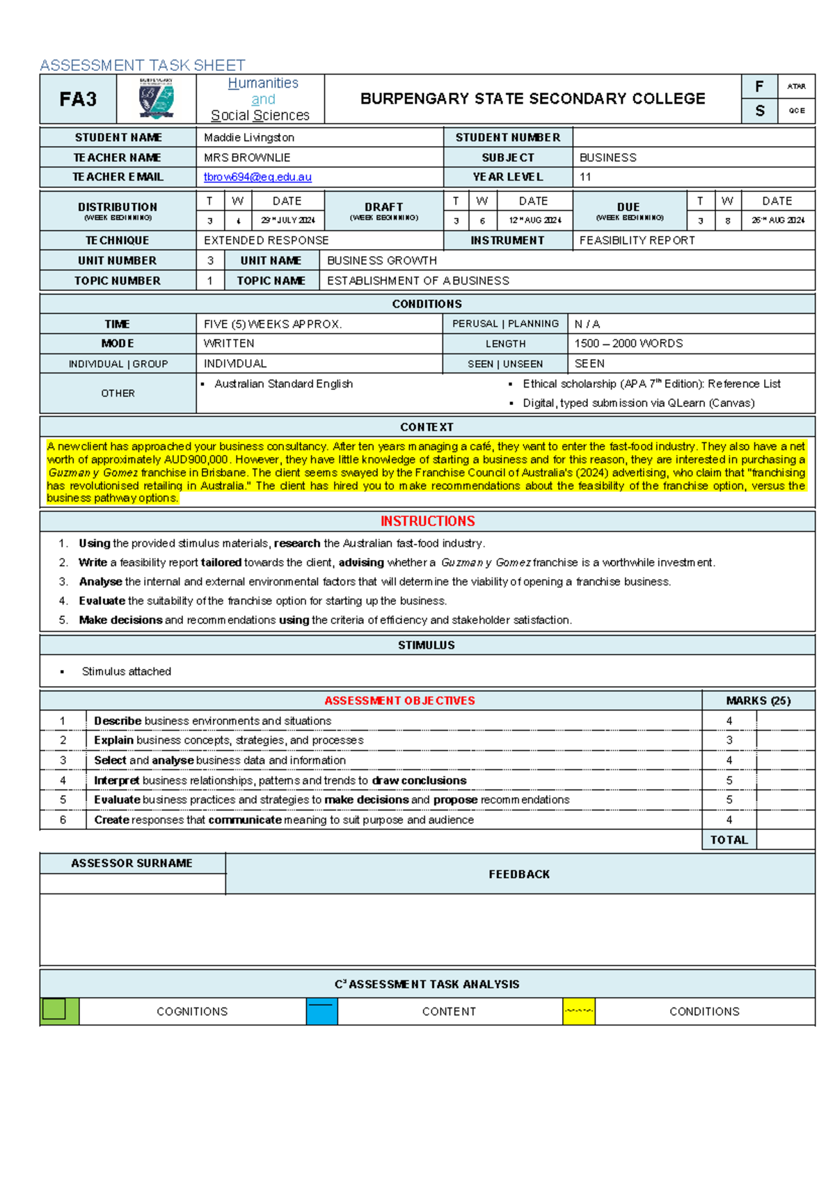 Maddie livingston term3 draft - ASSESSMENT TASK SHEET FA Humanities and ...