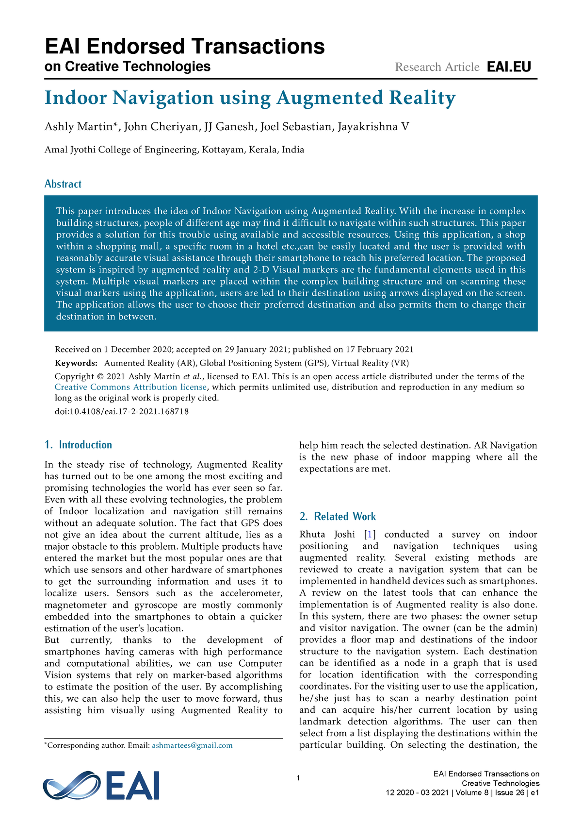 Paper 1 - Indoor Navigation using Augmented Reality Ashly Martin*, John ...