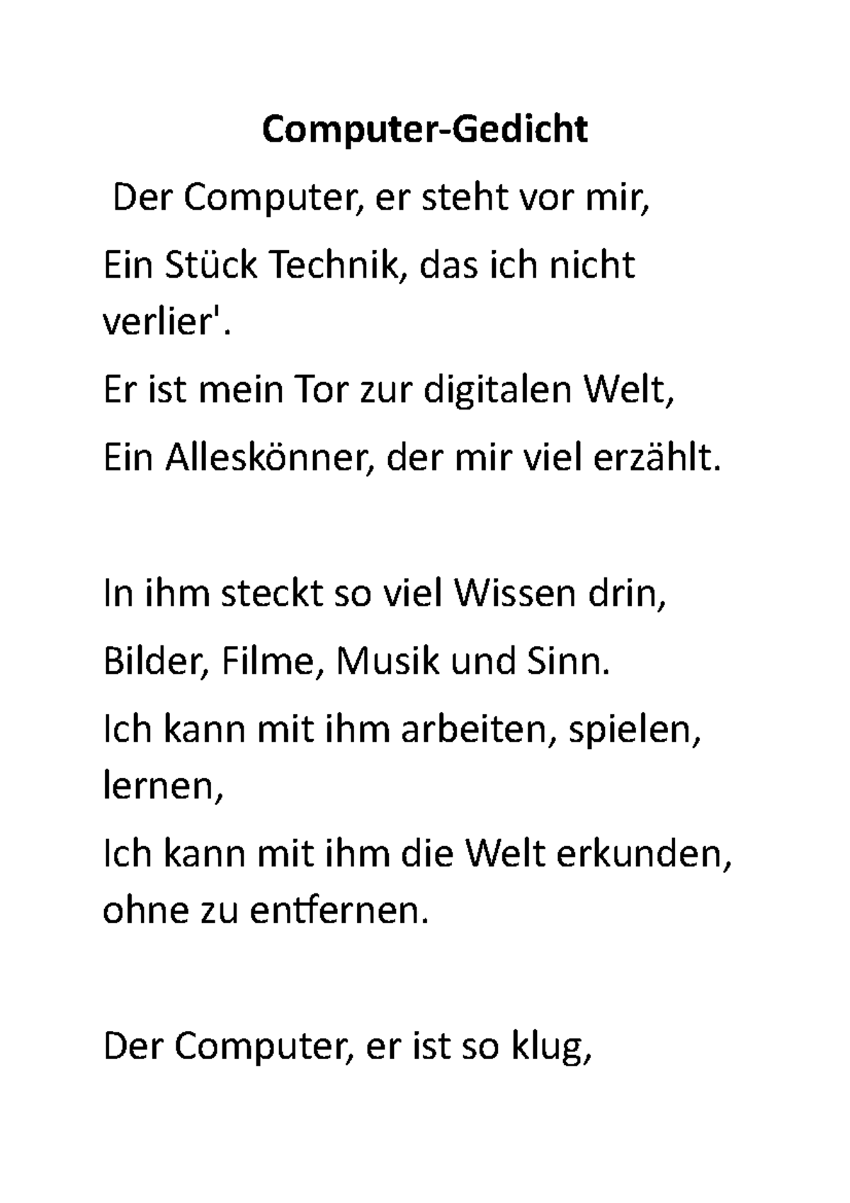 ComputerGedicht ComputerGedicht Der Computer, er steht vor mir, Ein