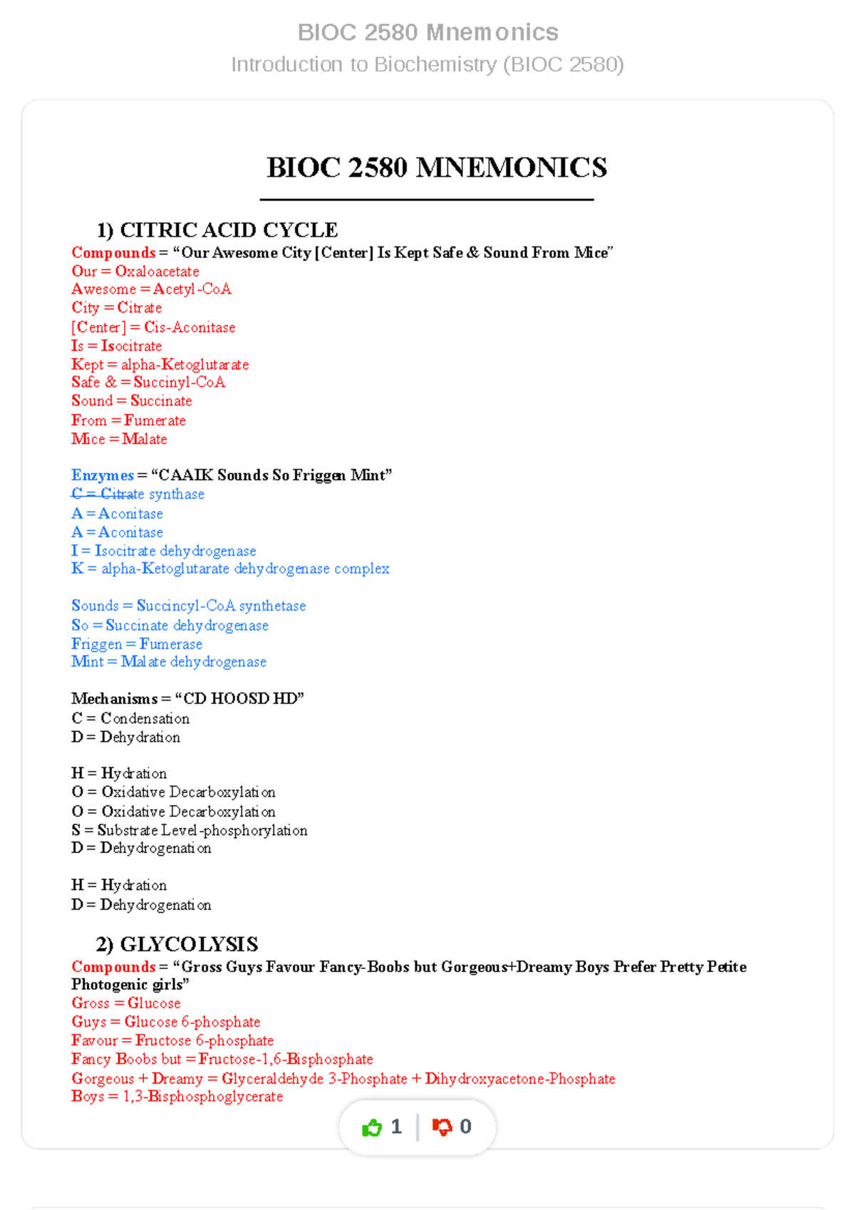 Bioc2580 Mnemonics - BIOC 2580 Mnemonics Introduction To Biochemistry ...