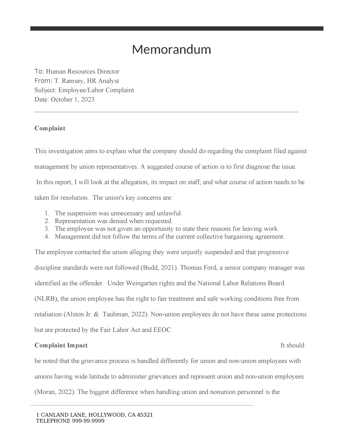 Milestone 5 Grievance Memorandum ^LN2 - Memorandum To: Human Resources ...