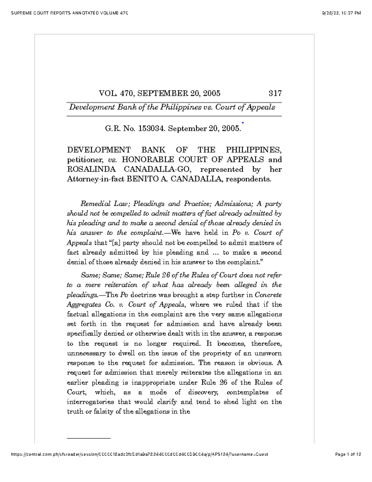 DBP v. CA - case - VOL. 470, SEPTEMBER 20, 2005 317 Development Bank of ...