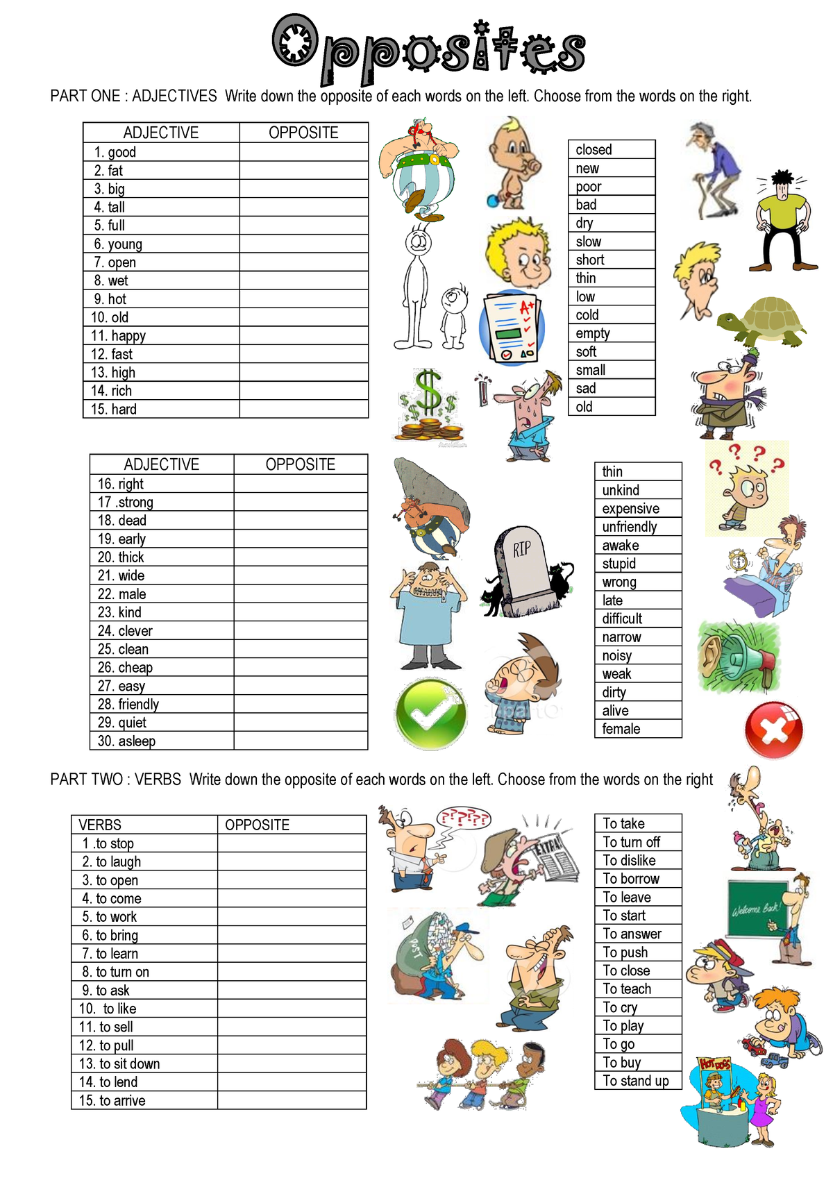 Opposites - copia de trabaja - PART ONE : ADJECTIVES Write down the ...