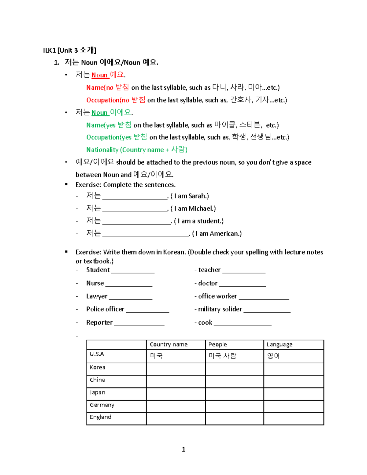 I 37 study guide ILK1 [Unit 3 소개] 1. 저는 Noun 이에요/Noun 예요. 저는 Noun 예요