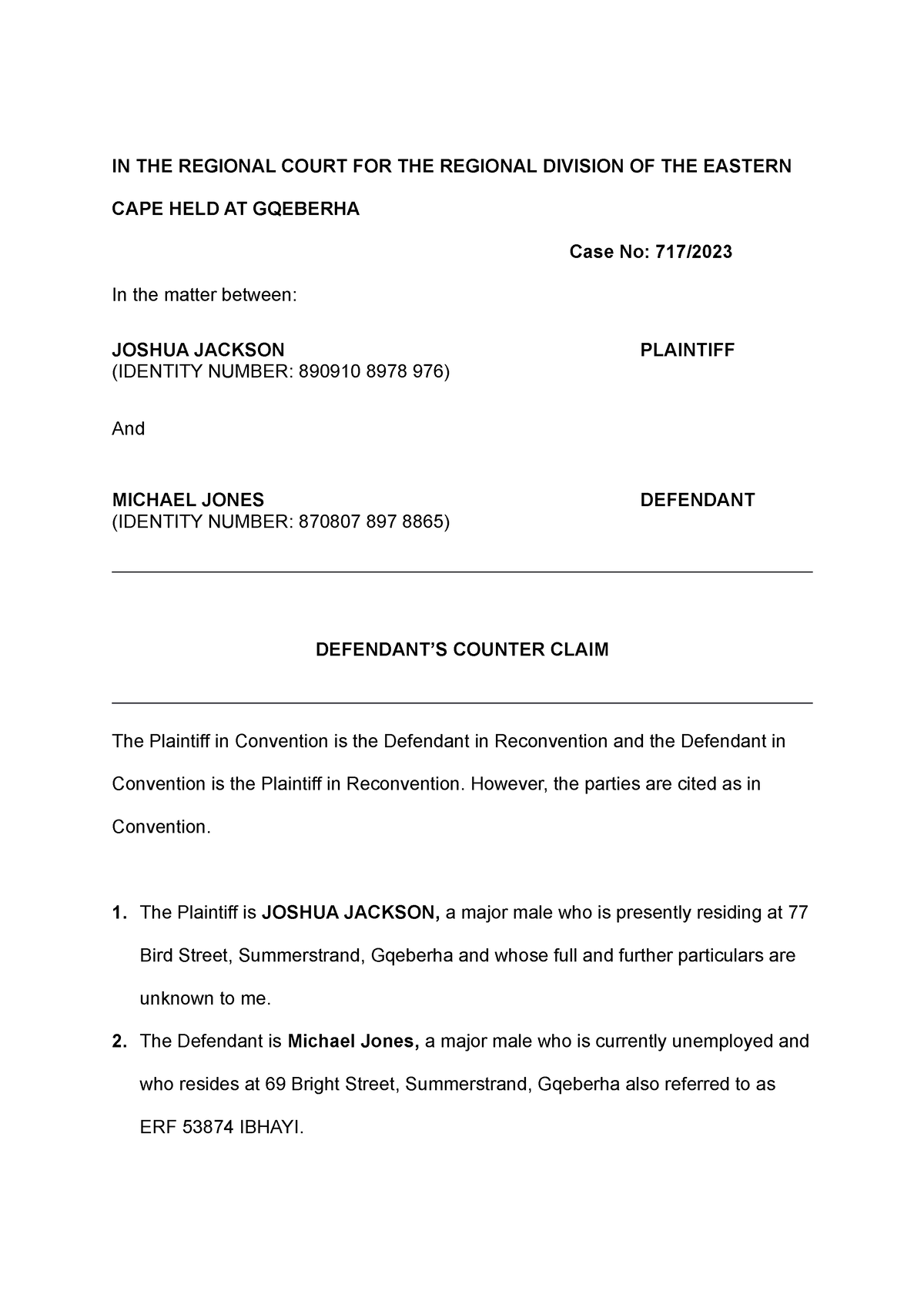 PLEA AND Counterclaim Correct document - IN THE REGIONAL COURT FOR THE ...