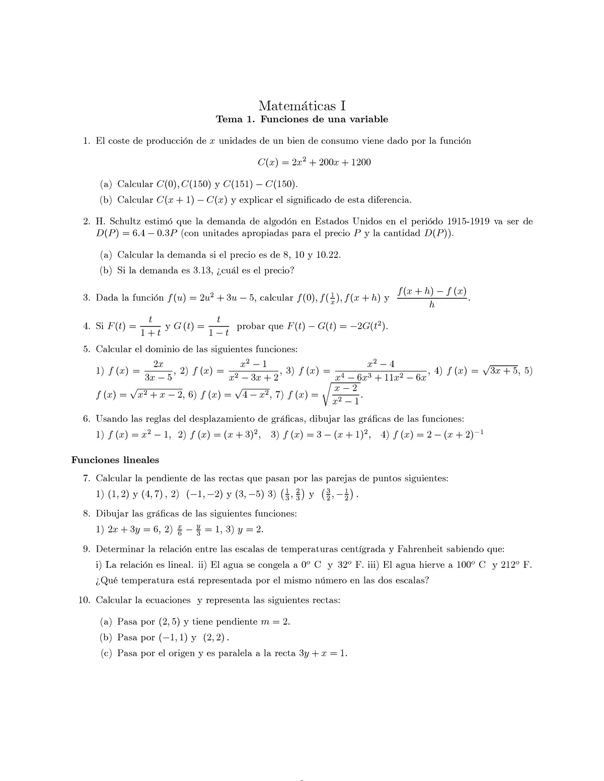 Tema1 Matem Ticas Tema Funciones De Una Variable El Coste De Producci Studocu