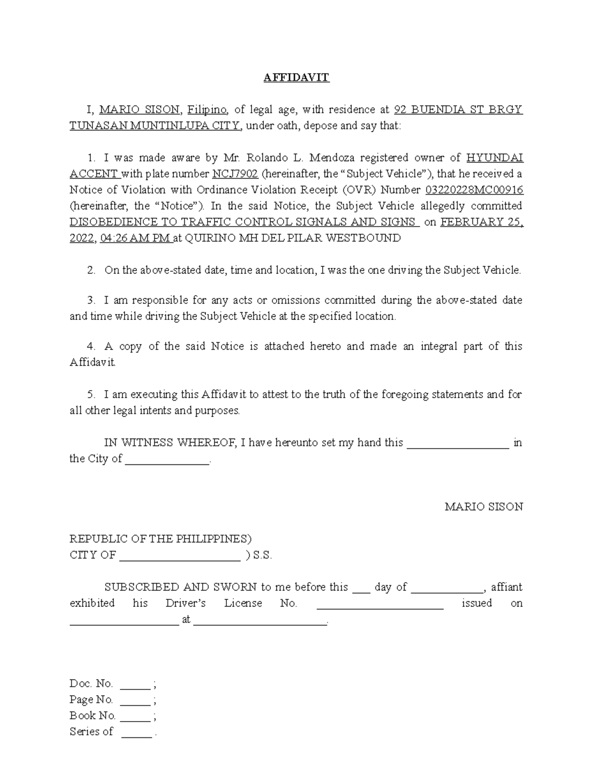 Manila Amnesty Application FOrm - AFFIDAVIT I, MARIO SISON, Filipino ...