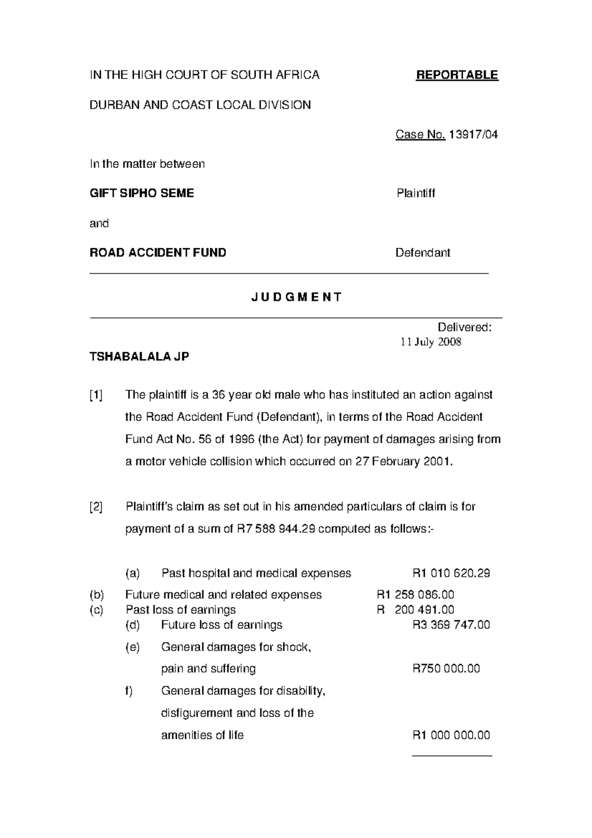 Seme v Road Accident Fund IN THE HIGH COURT OF SOUTH AFRICA