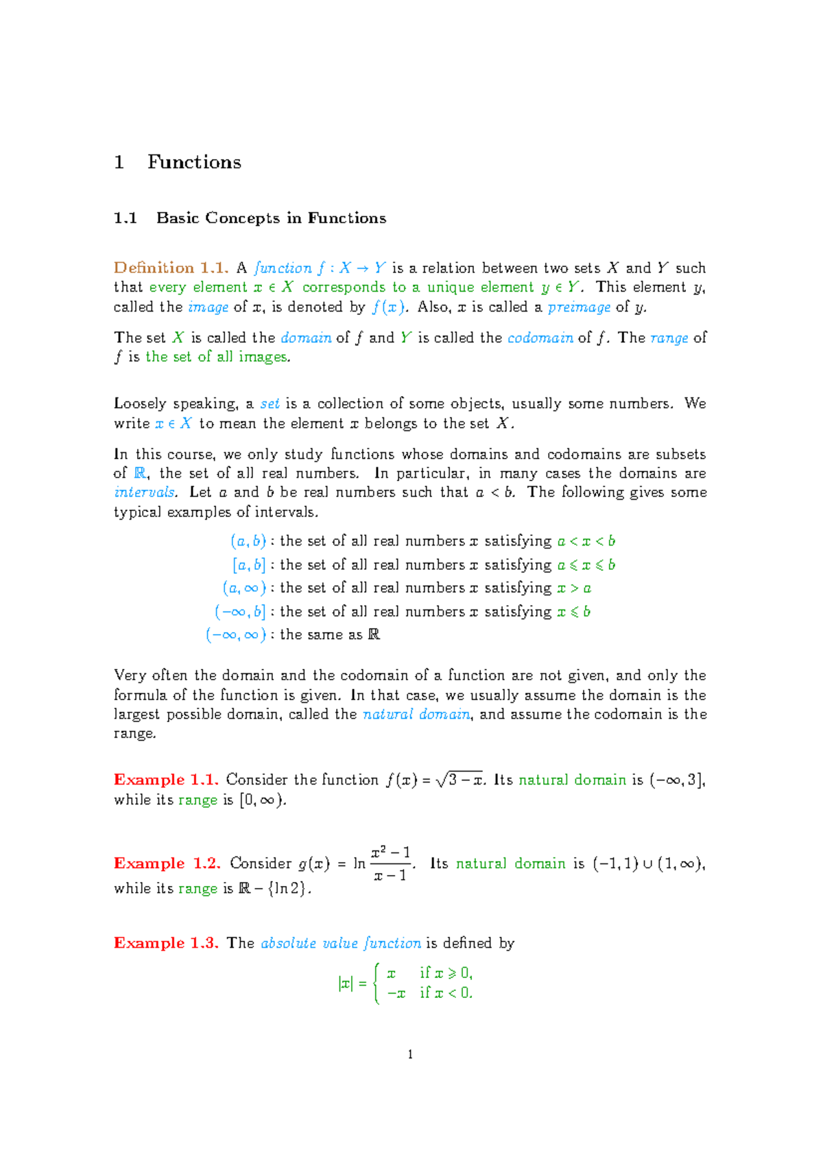 Section 1 - 1 Functions 1 Basic Concepts in Functions Definition 1. A ...