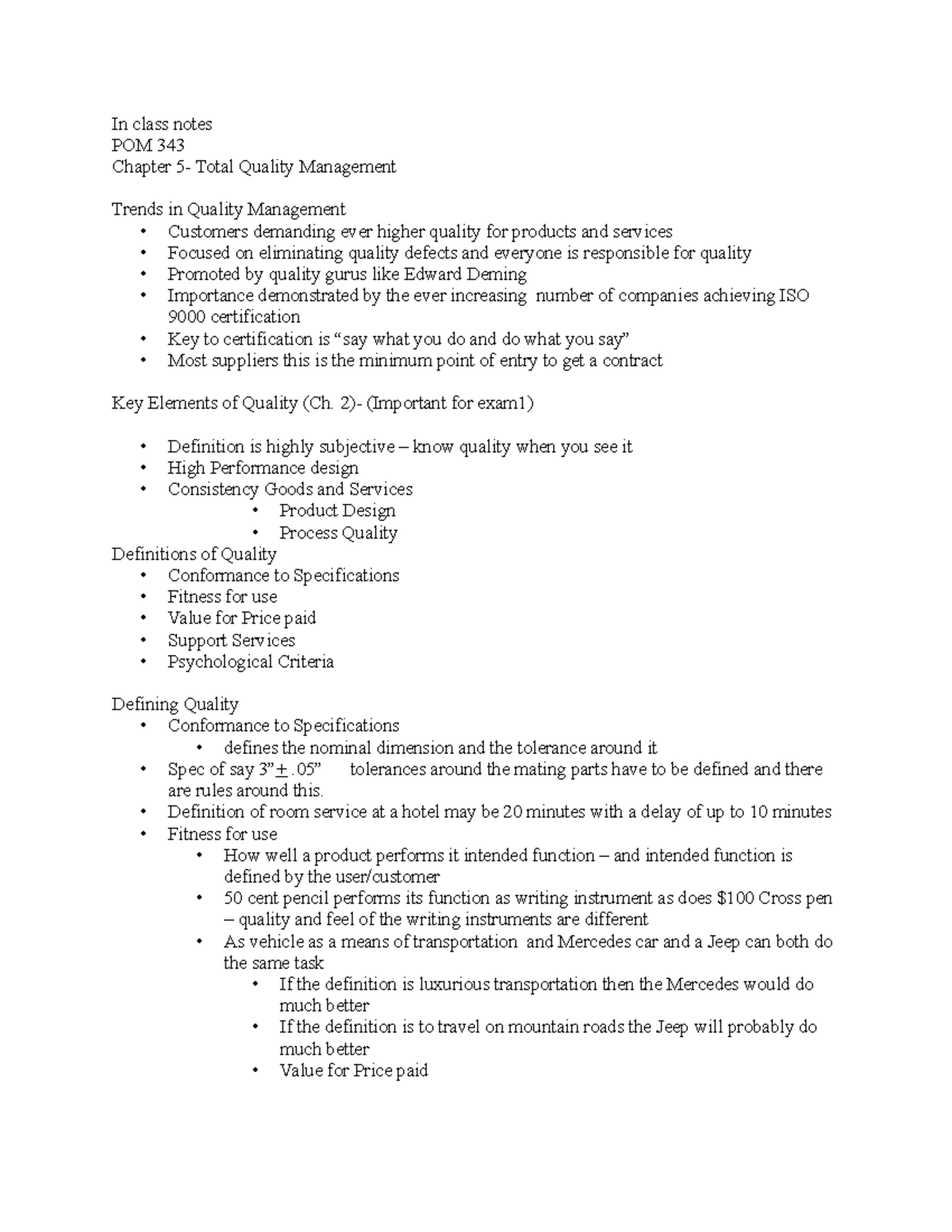 Chapter 5 notes POM 343 - In class notes POM 343 Chapter 5- Total ...