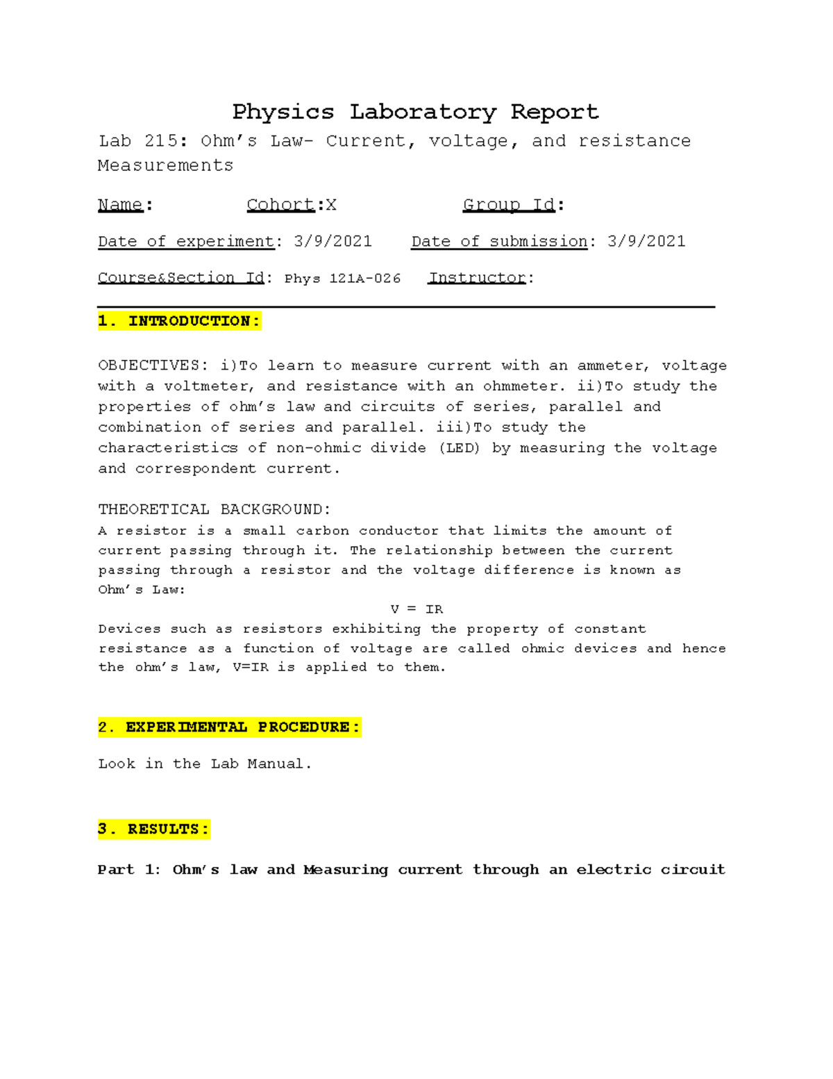 Physics Lab121A Report 215 Physics Laboratory Report Lab 215 Ohm’s
