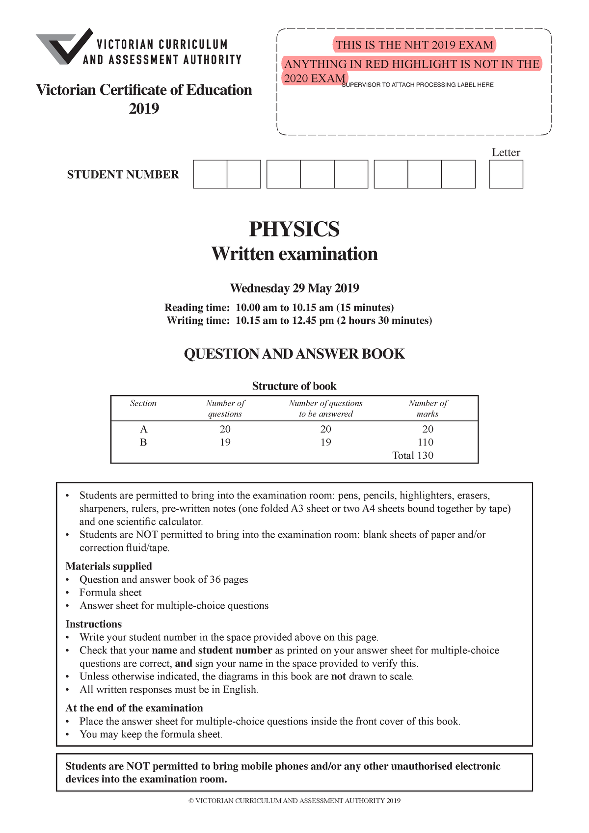 2019 physics-nht-w - NHT Exam 1 - PHYSICS Written examination Wednesday ...