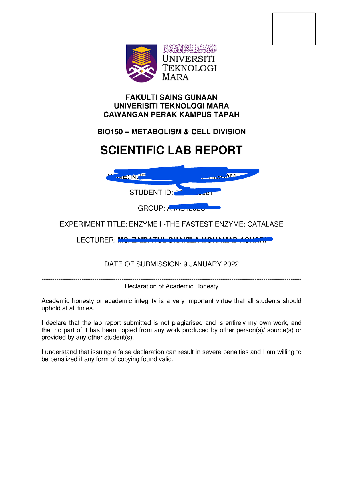 BIO LAB Report Sem 2 - FAKULTI SAINS GUNAAN UNIVERISITI TEKNOLOGI MARA ...