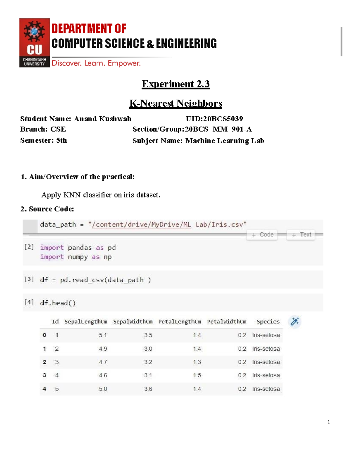 Anand ML Exp-2.3 (20BCS5039) - DEPARTMENT OF COMPUTER SCIENCE ...