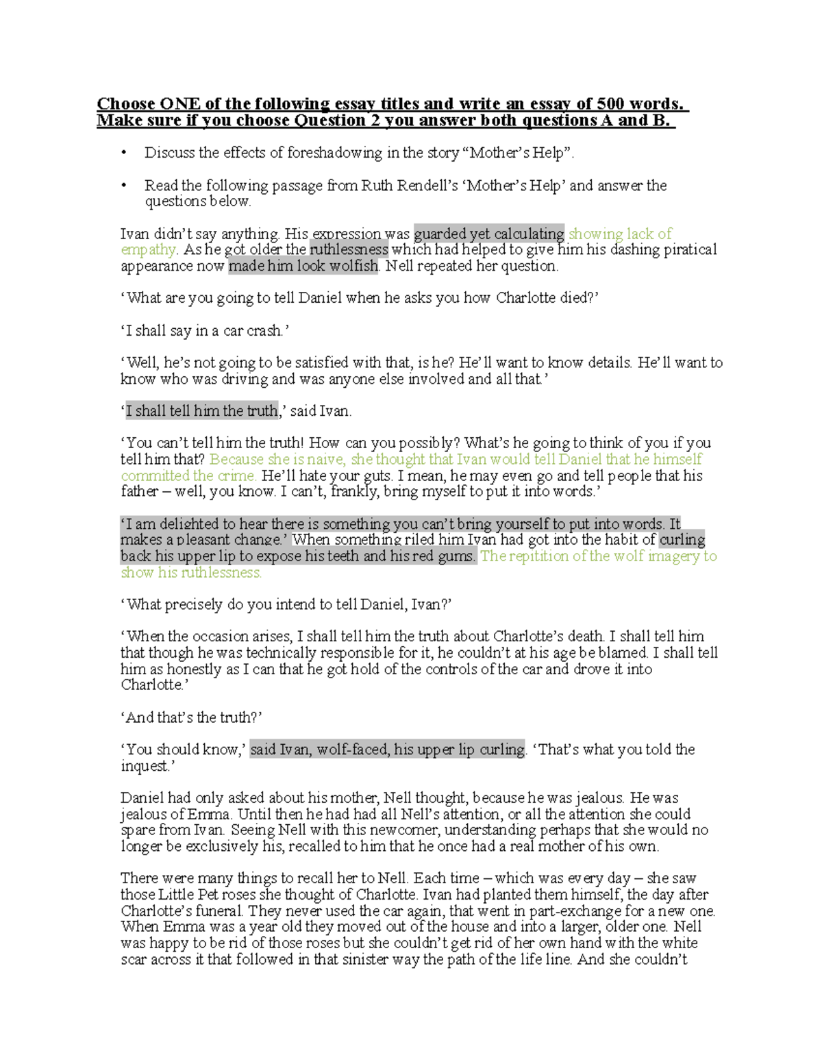 Mothers Help Test - First Year - Choose ONE of the following essay ...