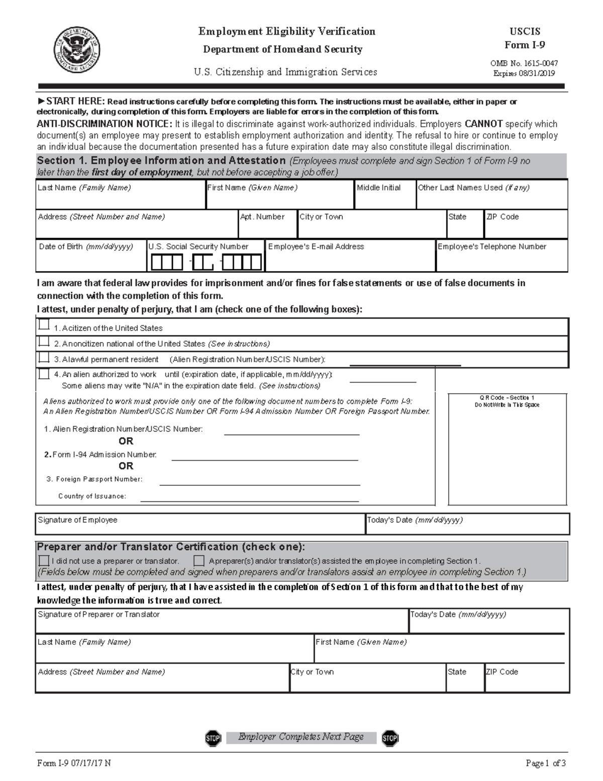 Uscis Form I-9 Student Page - Employment Eligibility Verification USCIS ...