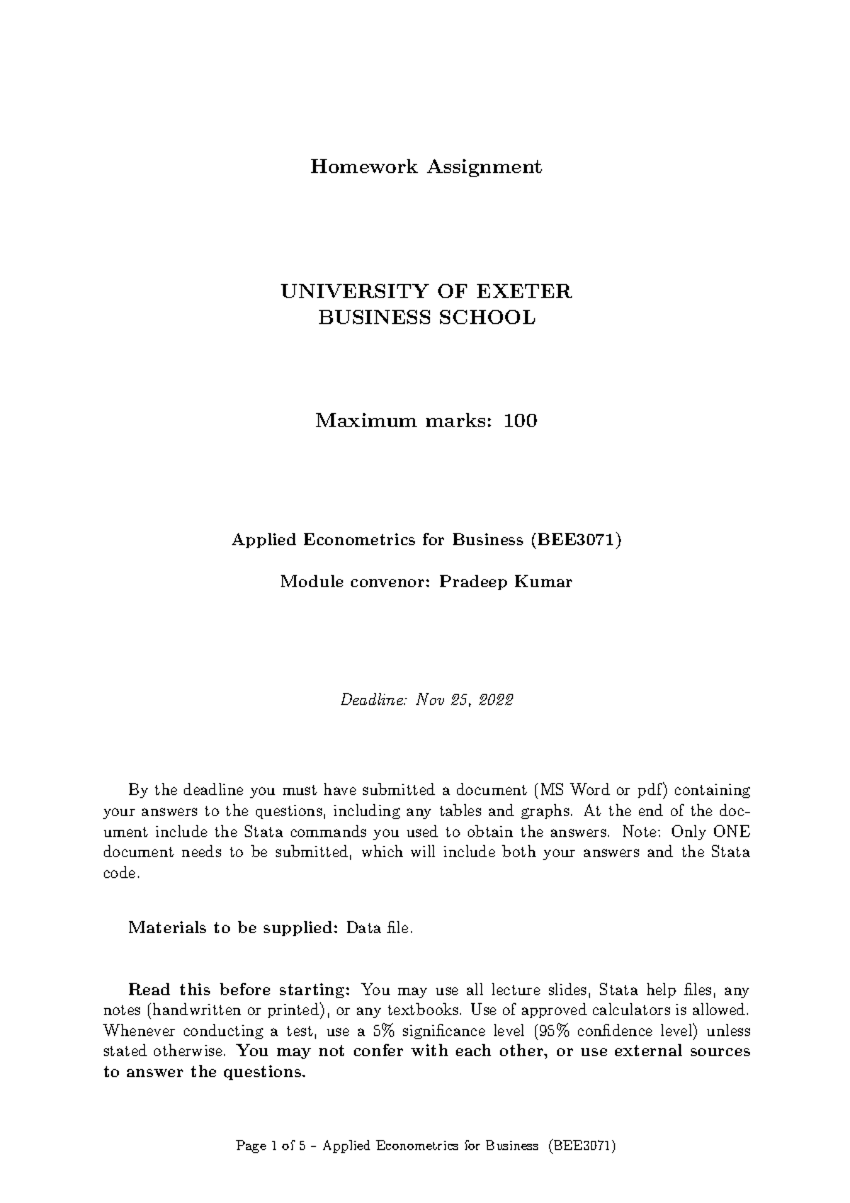 Assignment Homework - Homework Assignment UNIVERSITY OF EXETER BUSINESS ...