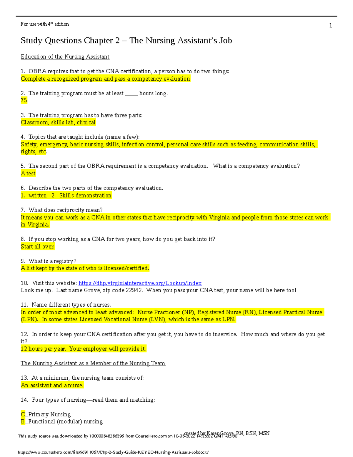 Chp 2 Study Guide Keyed Nursing Assistant s Job Study Questions