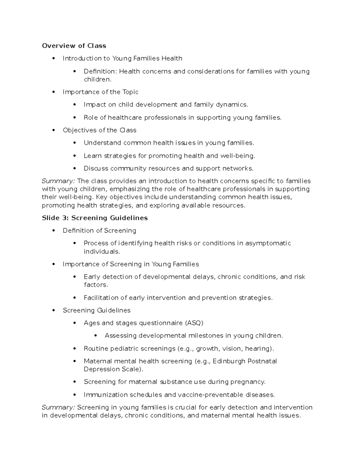 Mat Child Exam Review Overview of Class Introduction to Young