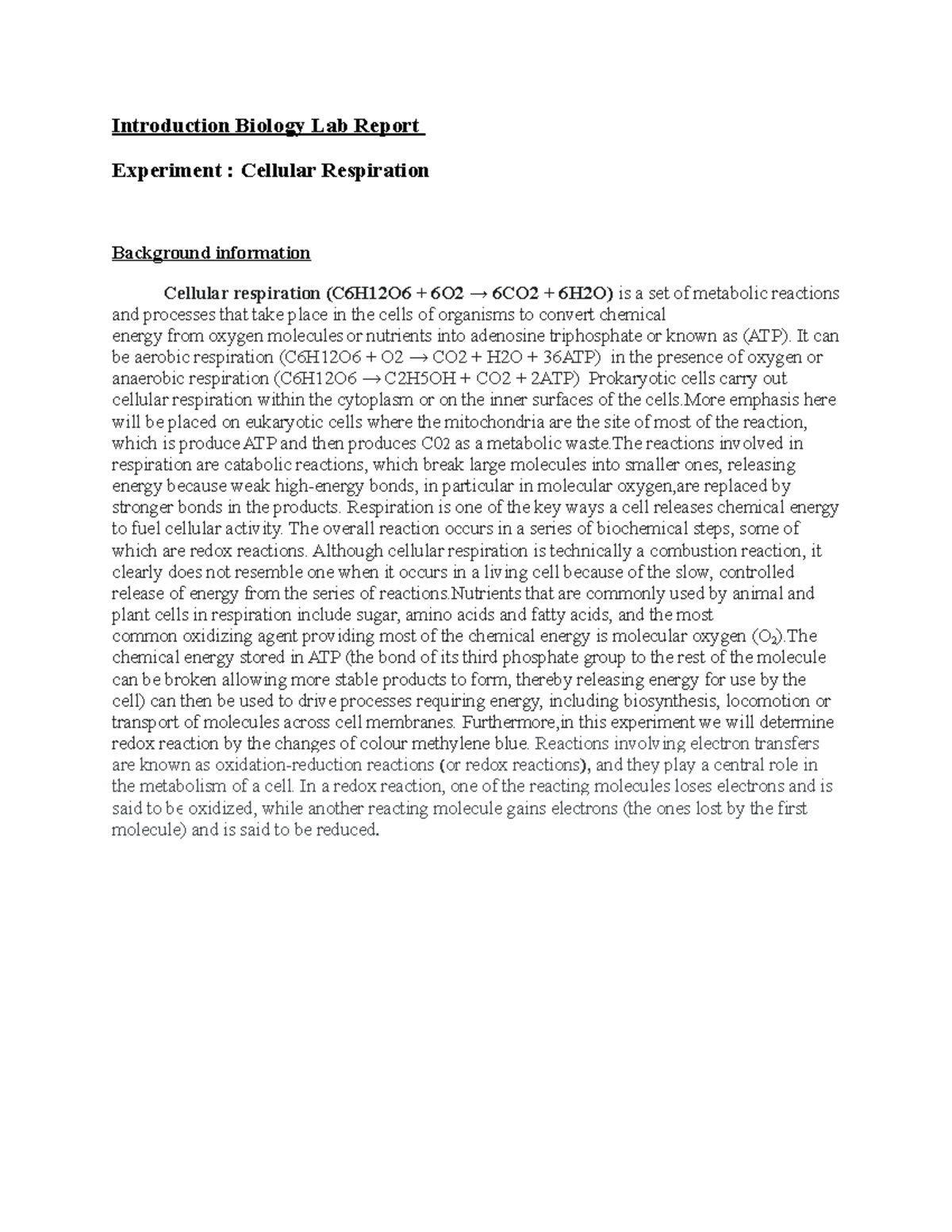 Introduction Biology Lab Report cellular 22222222222222222222 ...