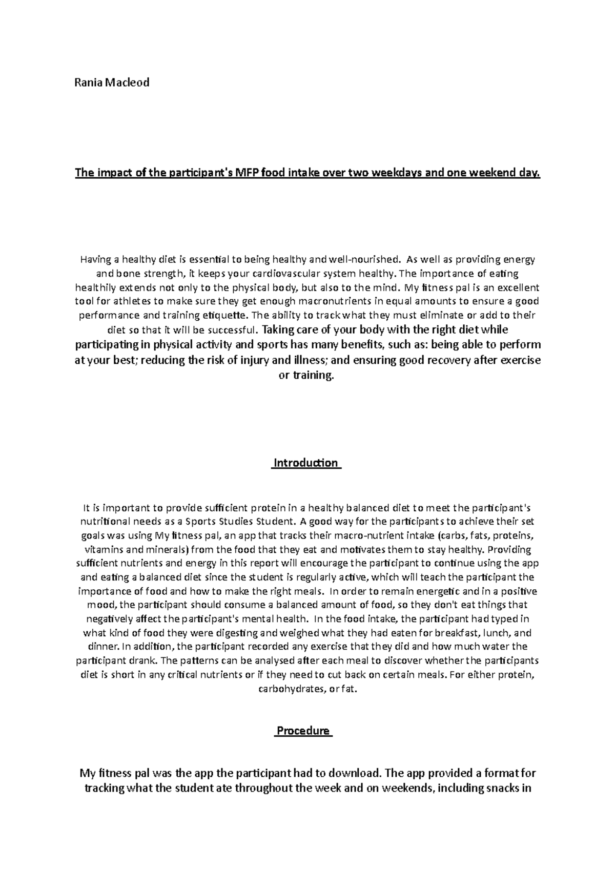 My fitness pal report due 18th - Rania Macleod The impact of the ...
