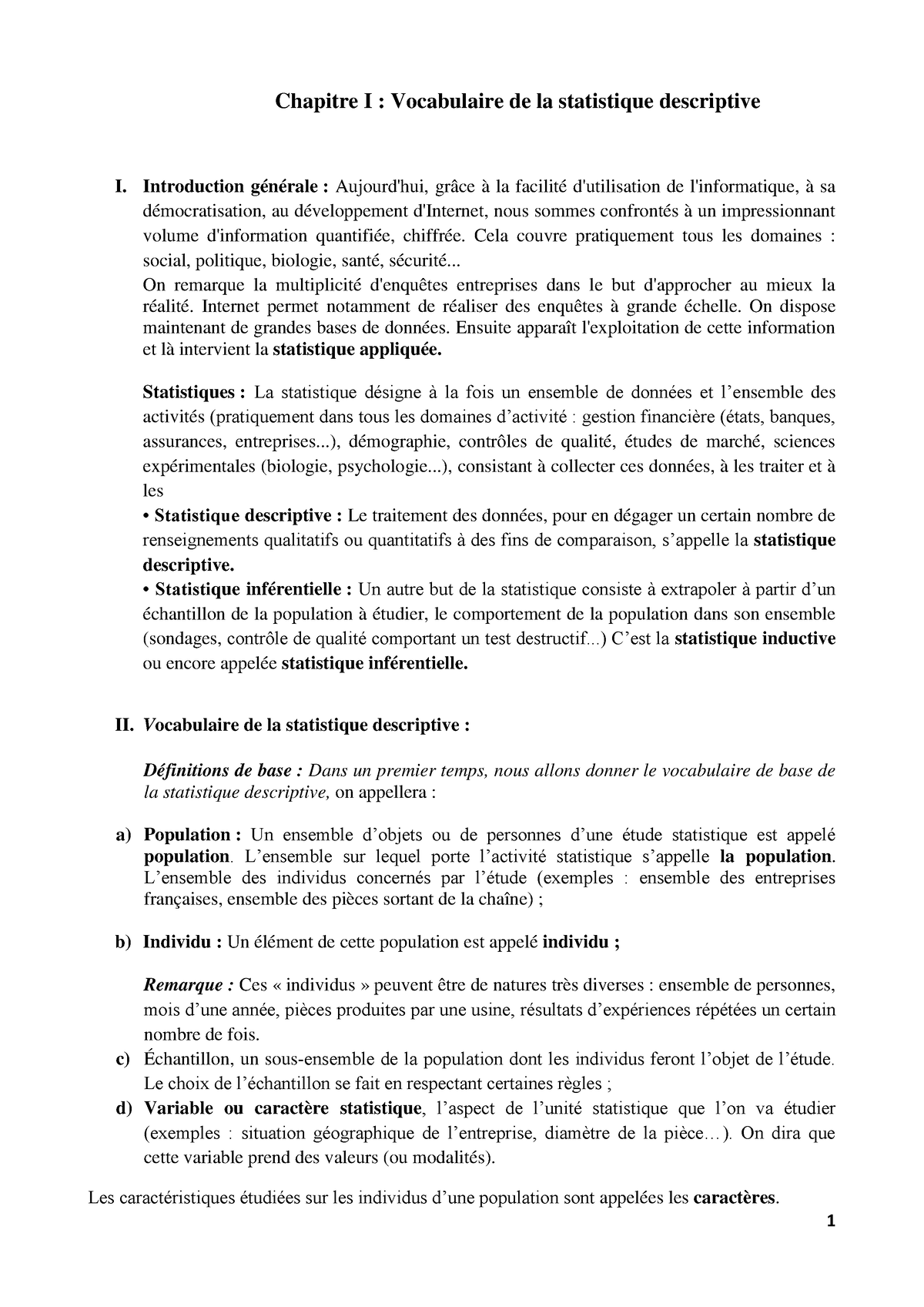 Chap1 - Chapitre I : Vocabulaire De La Statistique Descriptive I ...