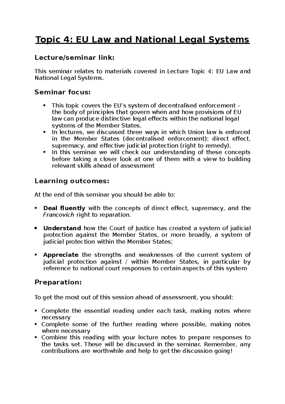 Seminar Preparation Guide - Topic 4 - Topic 4: EU Law and National ...