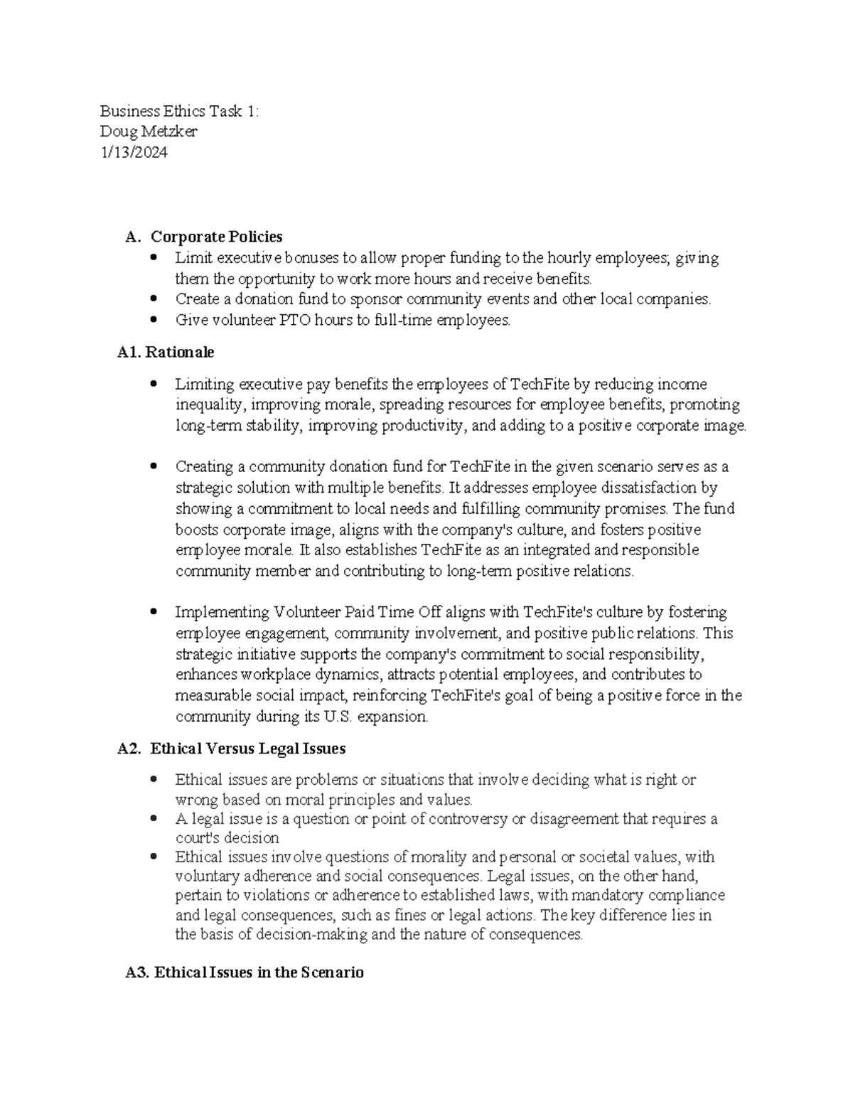 C717 Task 1 Task 1 Business Ethics Task 1 Doug Metzker 1 13 A Corporate Policies Limit C717 Task 1 Task 1 Business Ethics Task 1 Doug Metzker 1 13 A Corporate Policies Limit