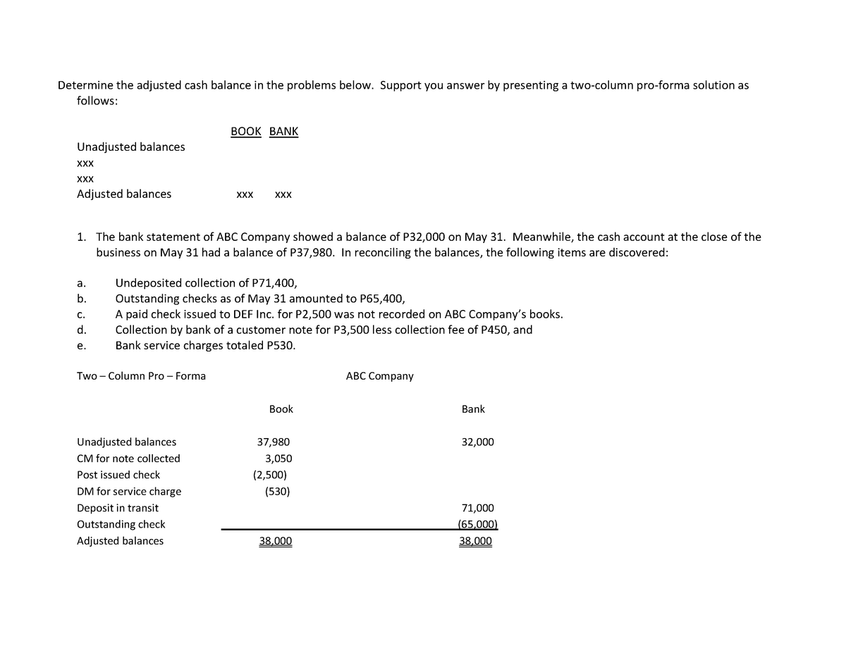 Bank Reconciliation Problems With Answers - Determine The Adjusted Cash ...