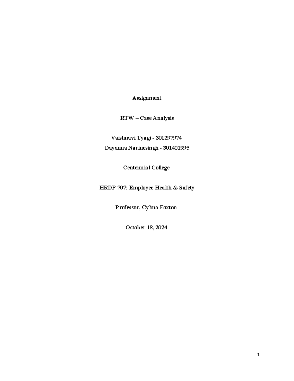 EH&S RTW assignment - RTW - Assignment RTW – Case Analysis Vaishnavi ...