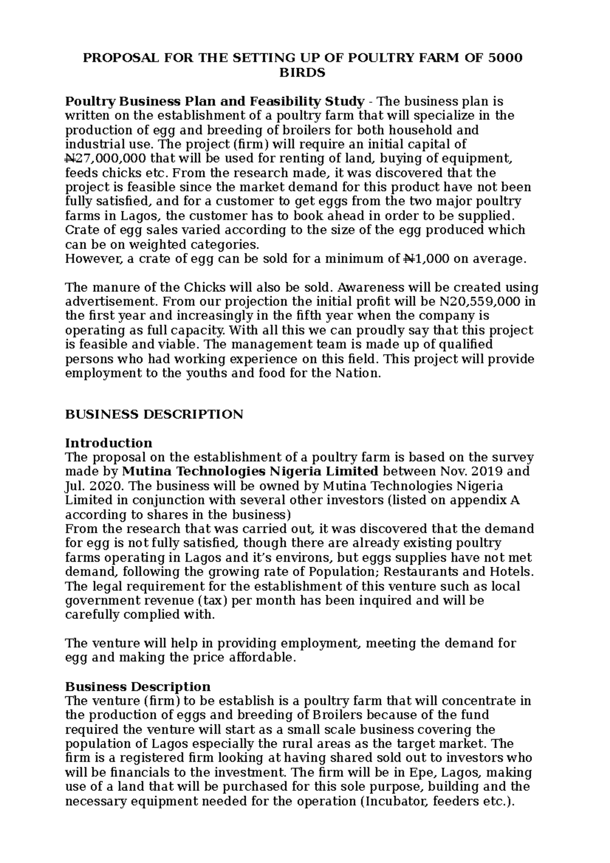 Poultry Farming Business Proposal OO 2008 26 PROPOSAL FOR THE SETTING 