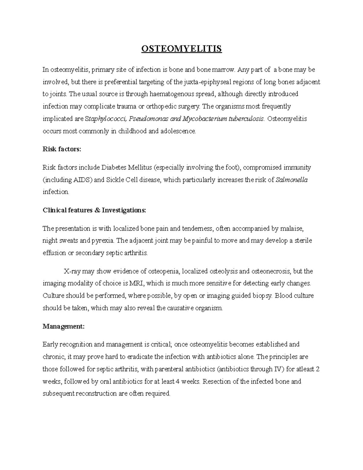 OsteomyelitisRisk factors, symptoms and Management Human anatomy and