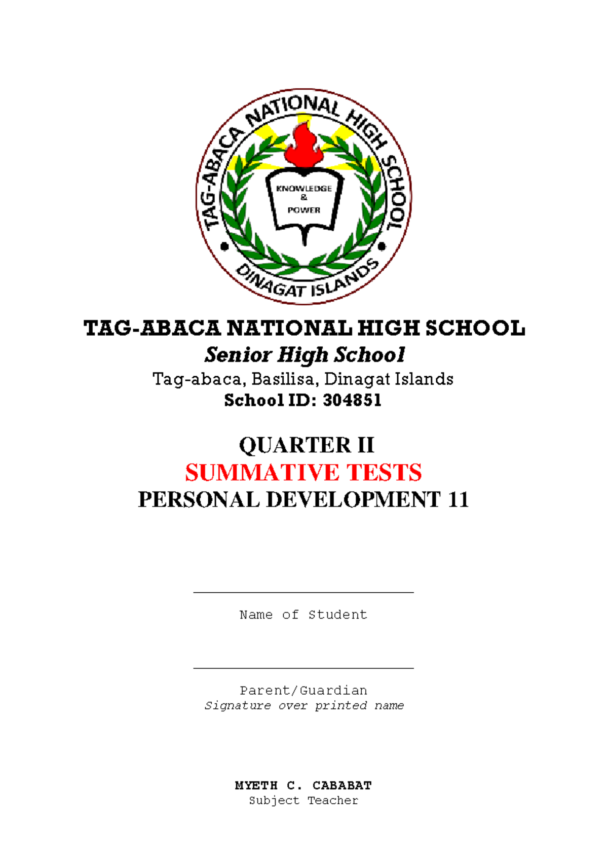 Personal Development Booklet Summative-2 - TAG-ABACA NATIONAL HIGH ...