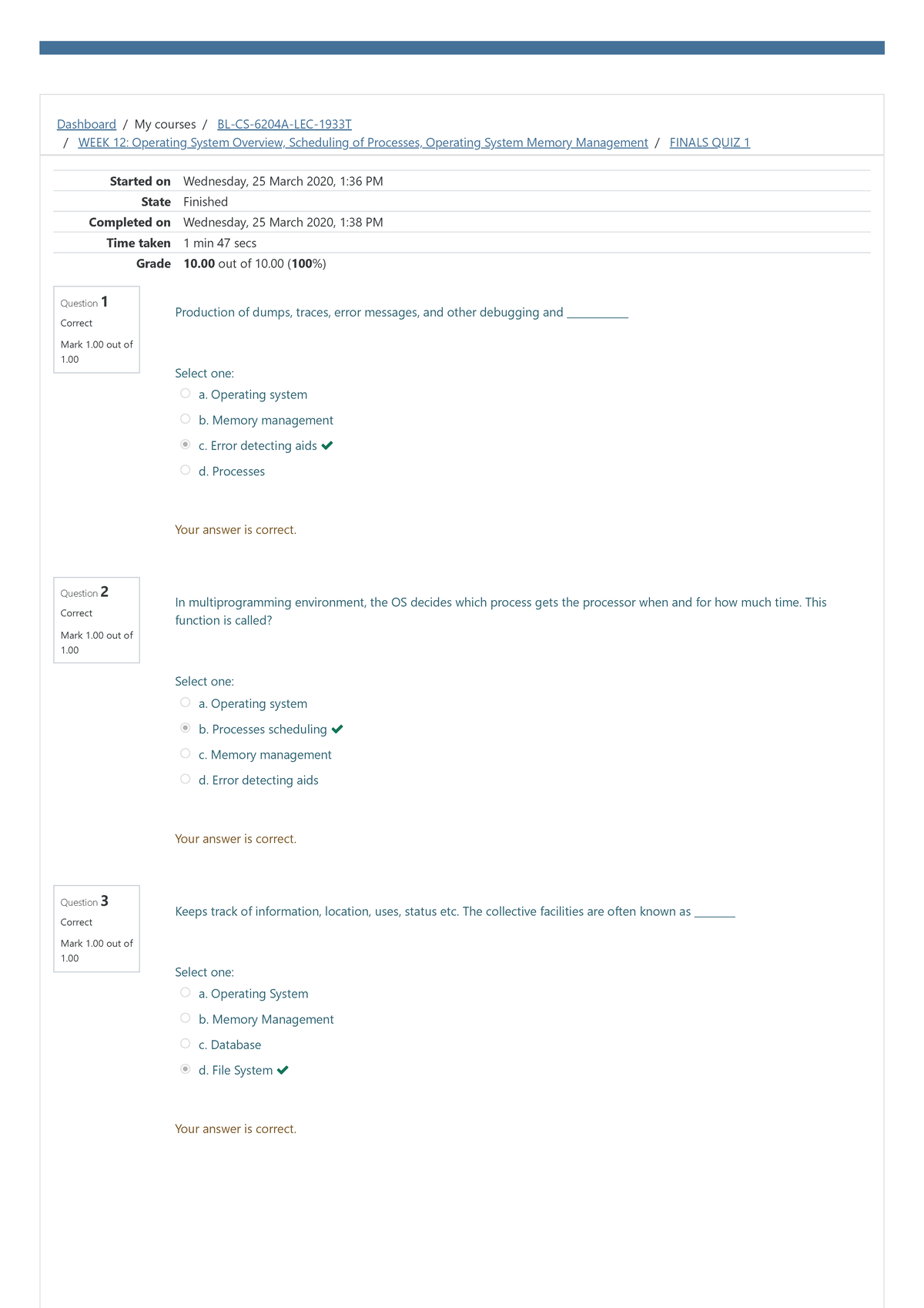 Finals QUIZ 1 Attempt Review - Dashboard / My Courses / BL-CS-6204A-LEC ...