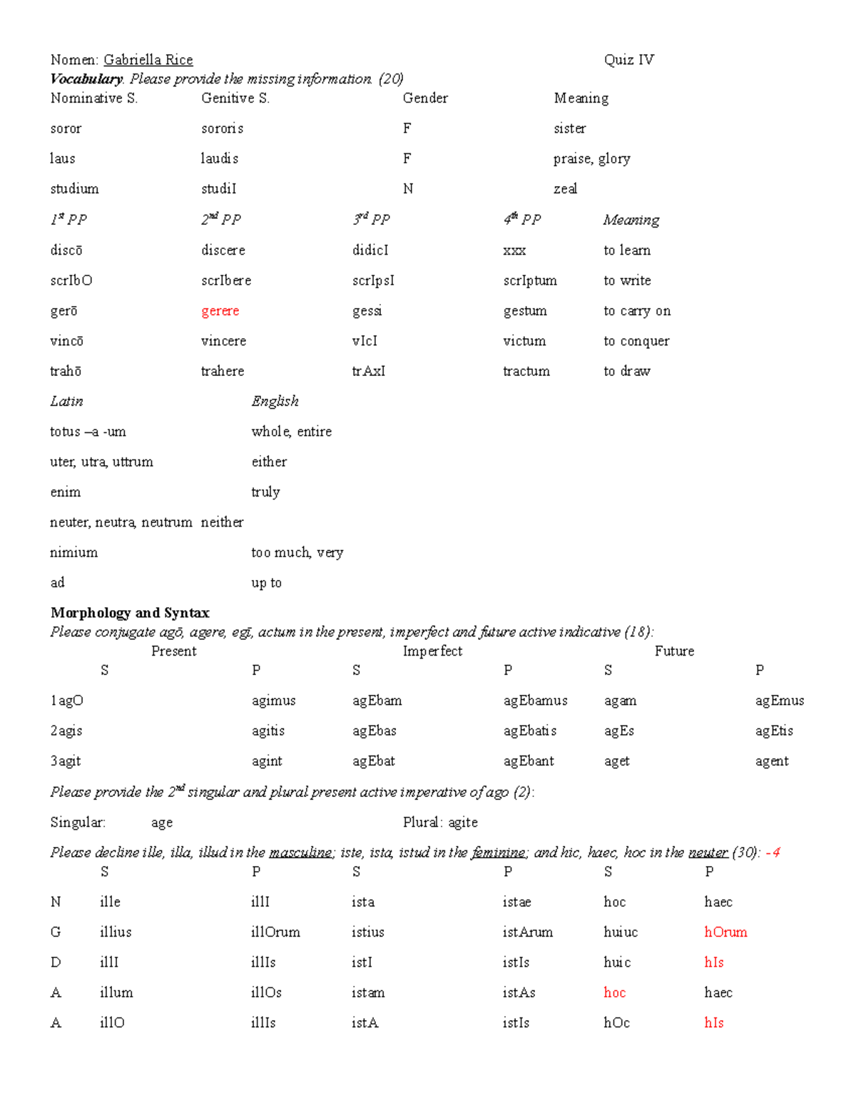 Latin Quiz 4 Revised - Nomen: Gabriella Rice Quiz IV Vocabulary. Please ...