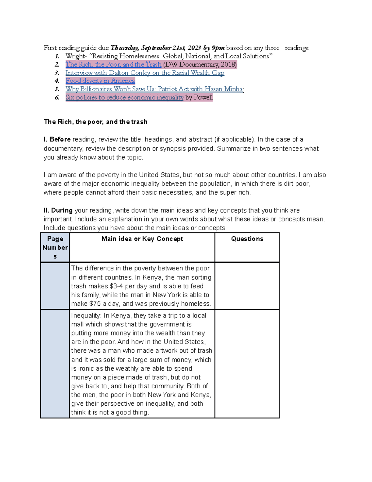 Reading guide 1 - First reading guide due Thursday, September 21st ...