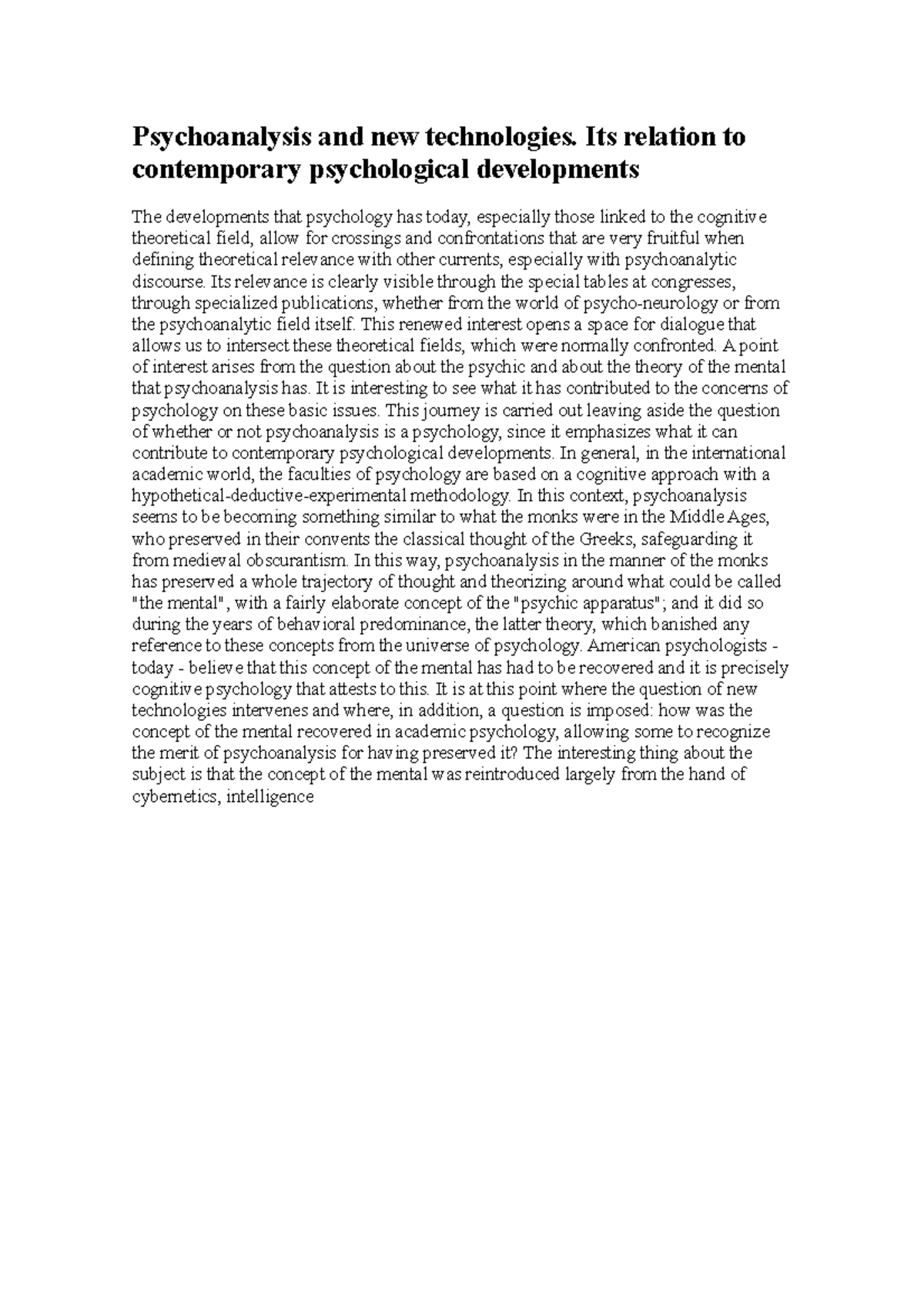 Psychoanalysis and new technologies. Its relation to contemporary ...