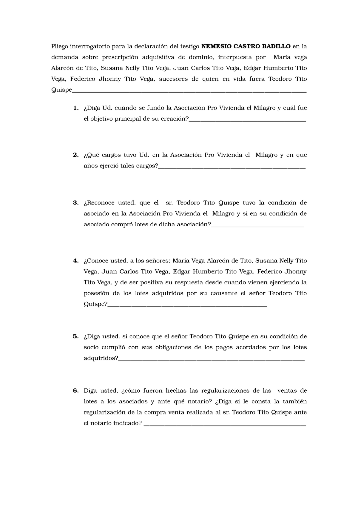 Declaración DE Partepliego Interrogatorio - Pliego interrogatorio para la  declaración del testigo - Studocu
