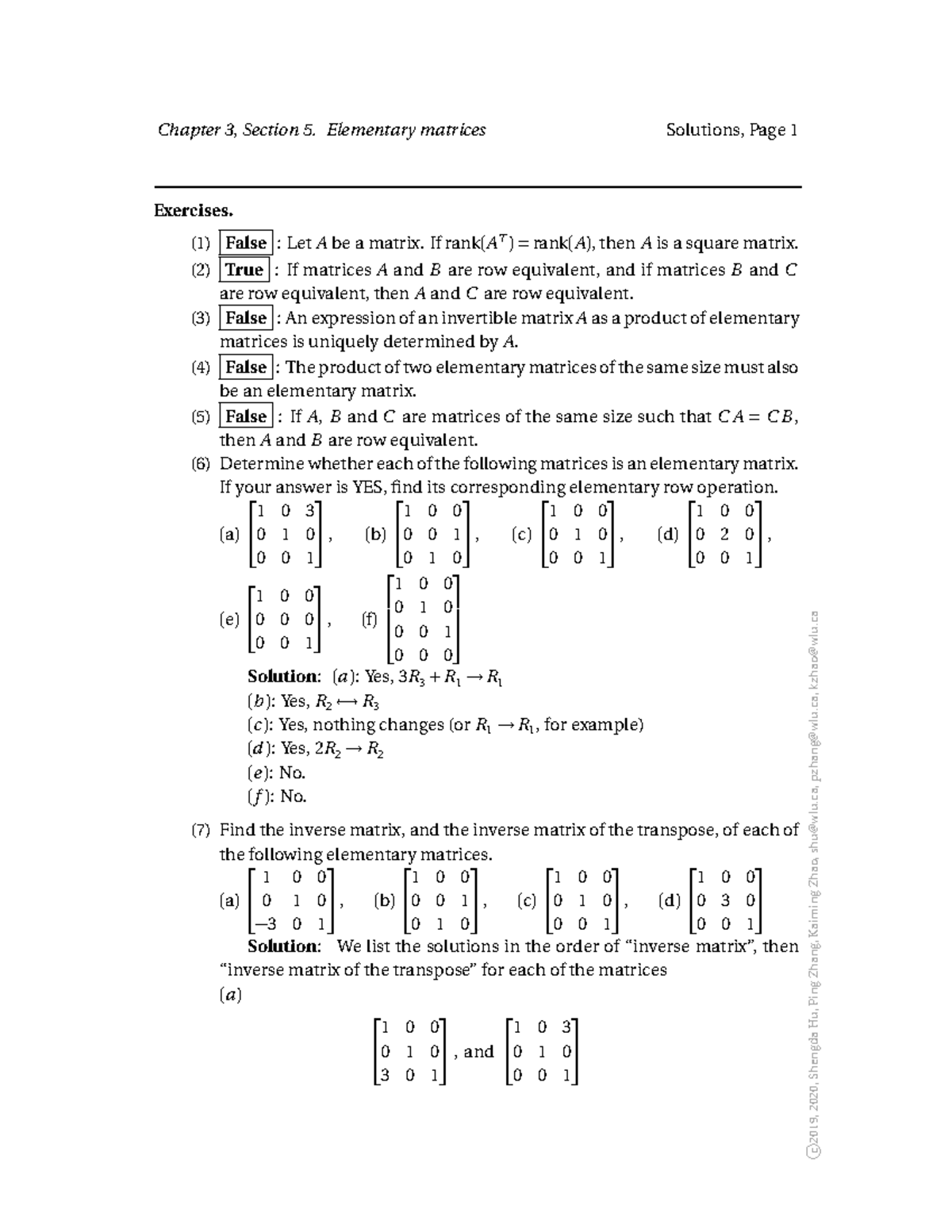 Solutions-3 - Solutions-3 - Chapter 3, Section 5. Elementary matrices ...
