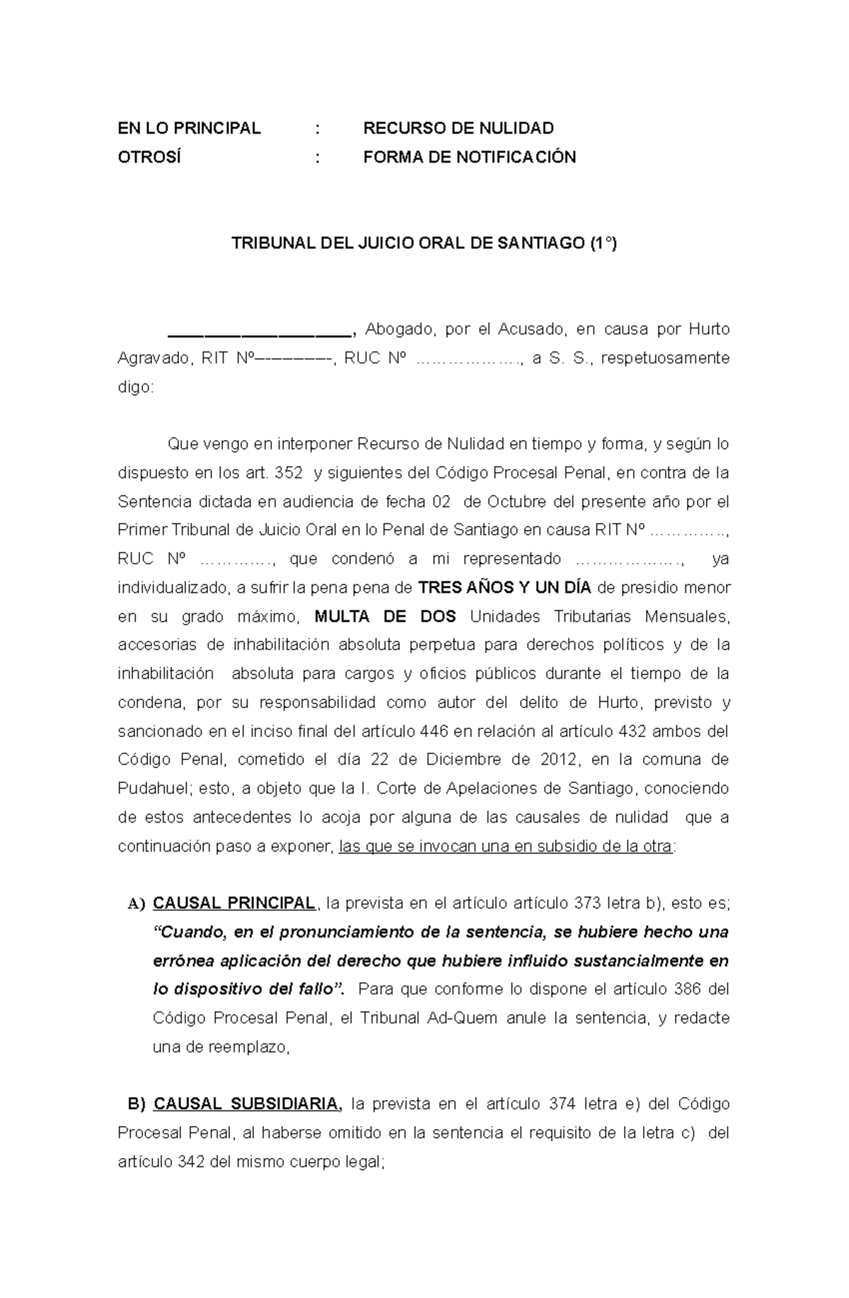 Rec. Nulidad Borrador - EN LO PRINCIPAL : RECURSO DE NULIDAD OTROSÍ ...